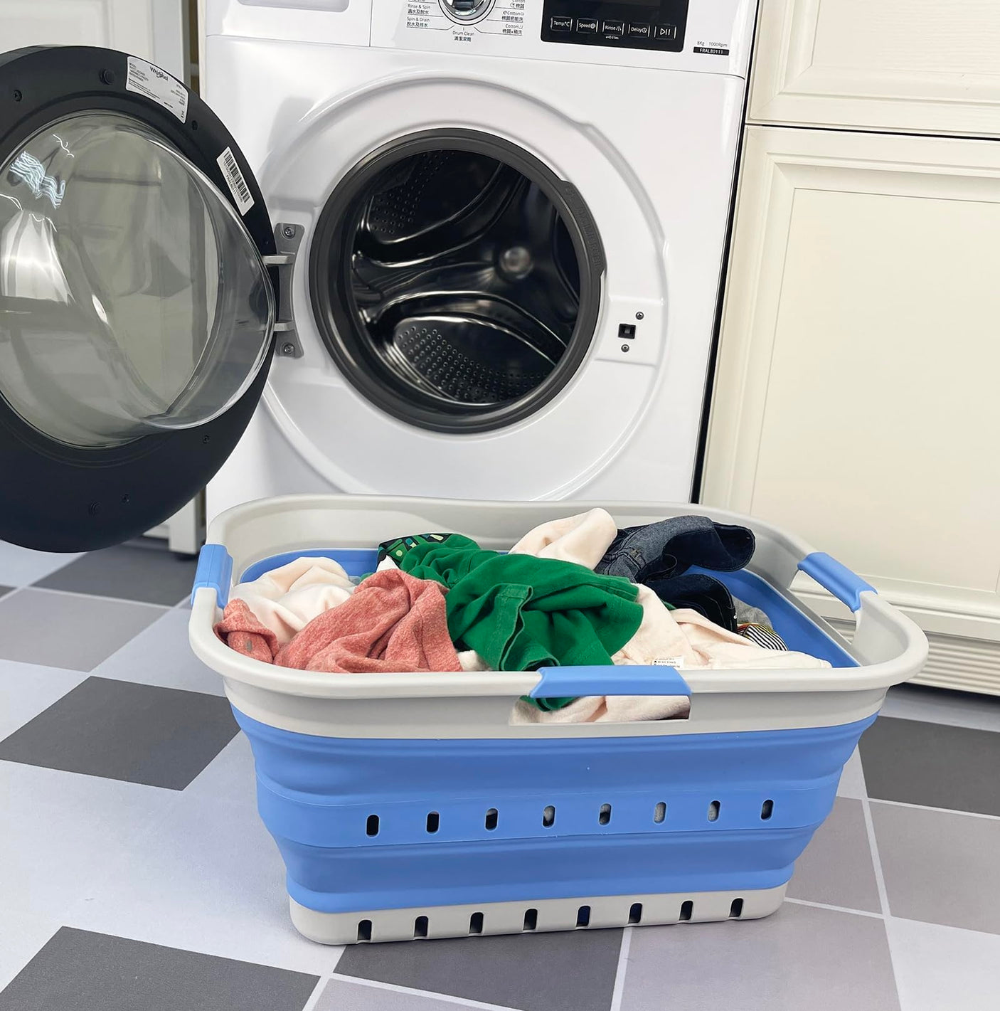 SAMMART 42L (11 gallon) Collapsible Plastic Laundry Basket - Foldable Pop Up Storage Container/Organizer - Space Saving Hamper/Basket (1, White/Grey)