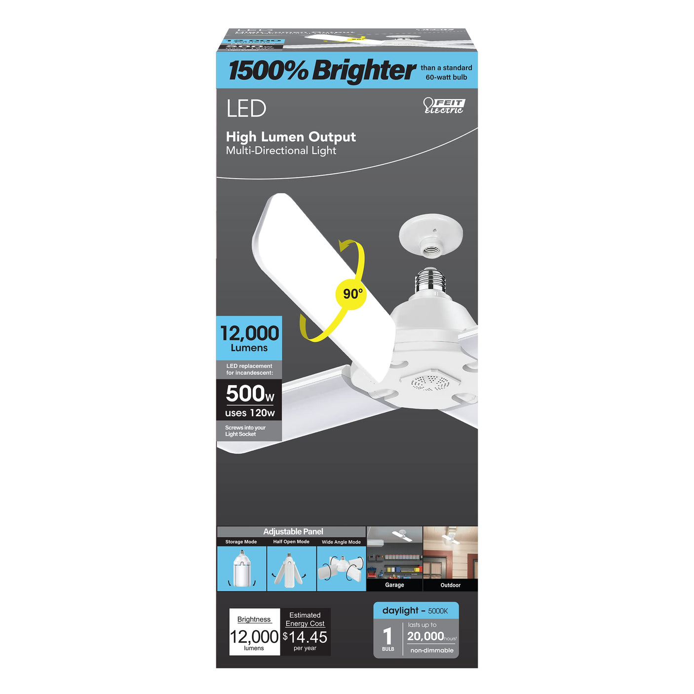 Feit Electric Smart LED Garage Light, RGBW 3 Panel, WiFi 2.4GHz, Screw-in LED Shop Light Bulb, Works with Alexa and Google Home Assistant, E26, 4000 Lumens, Garage Ceiling Light, ADJ4000/RGBW/LED/AG