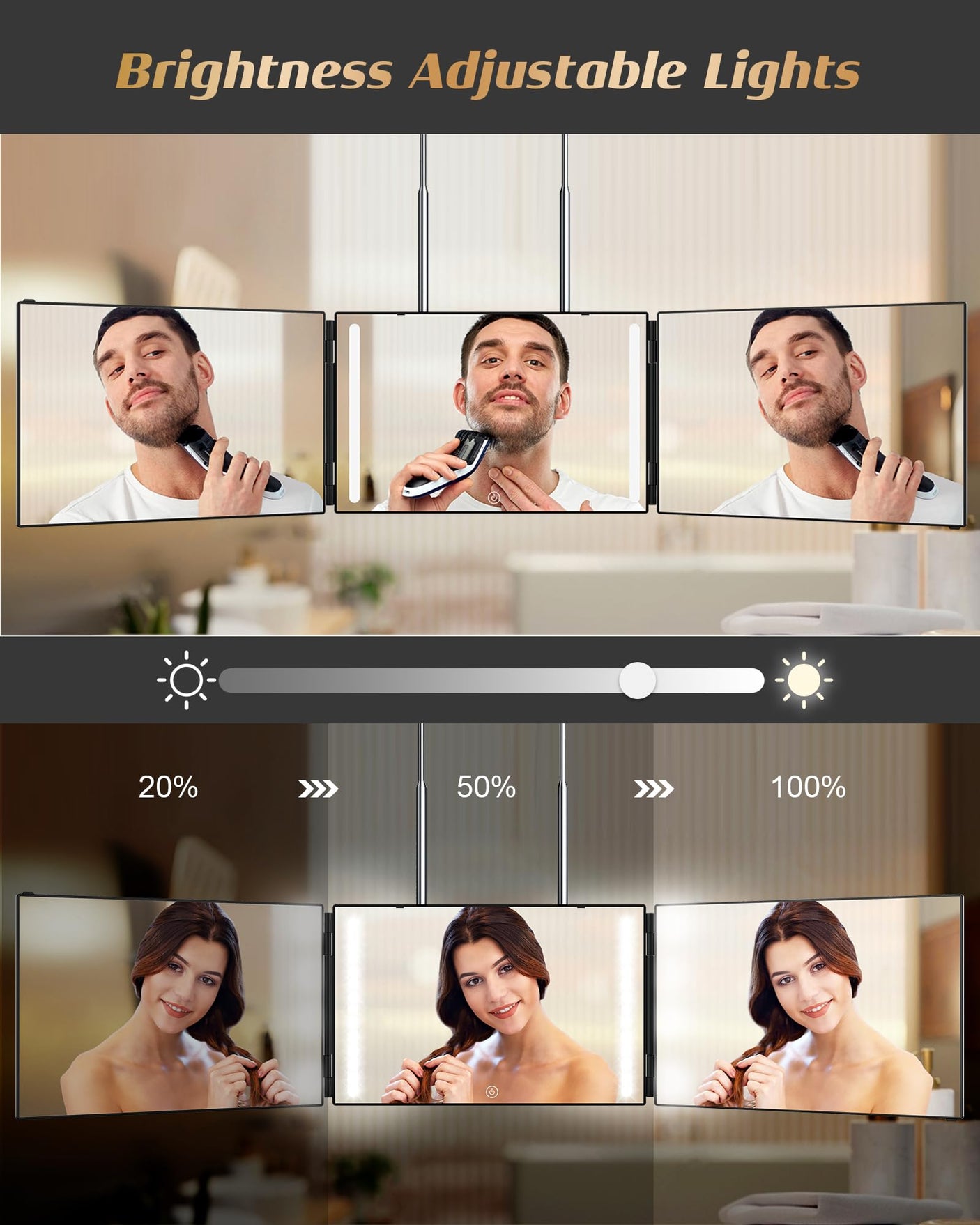 JUSRON 360 Viewing Angle Self Hair Cutting Mirror, Clear Anti-Fog HD Glass (Black Without LED Without Accessories)