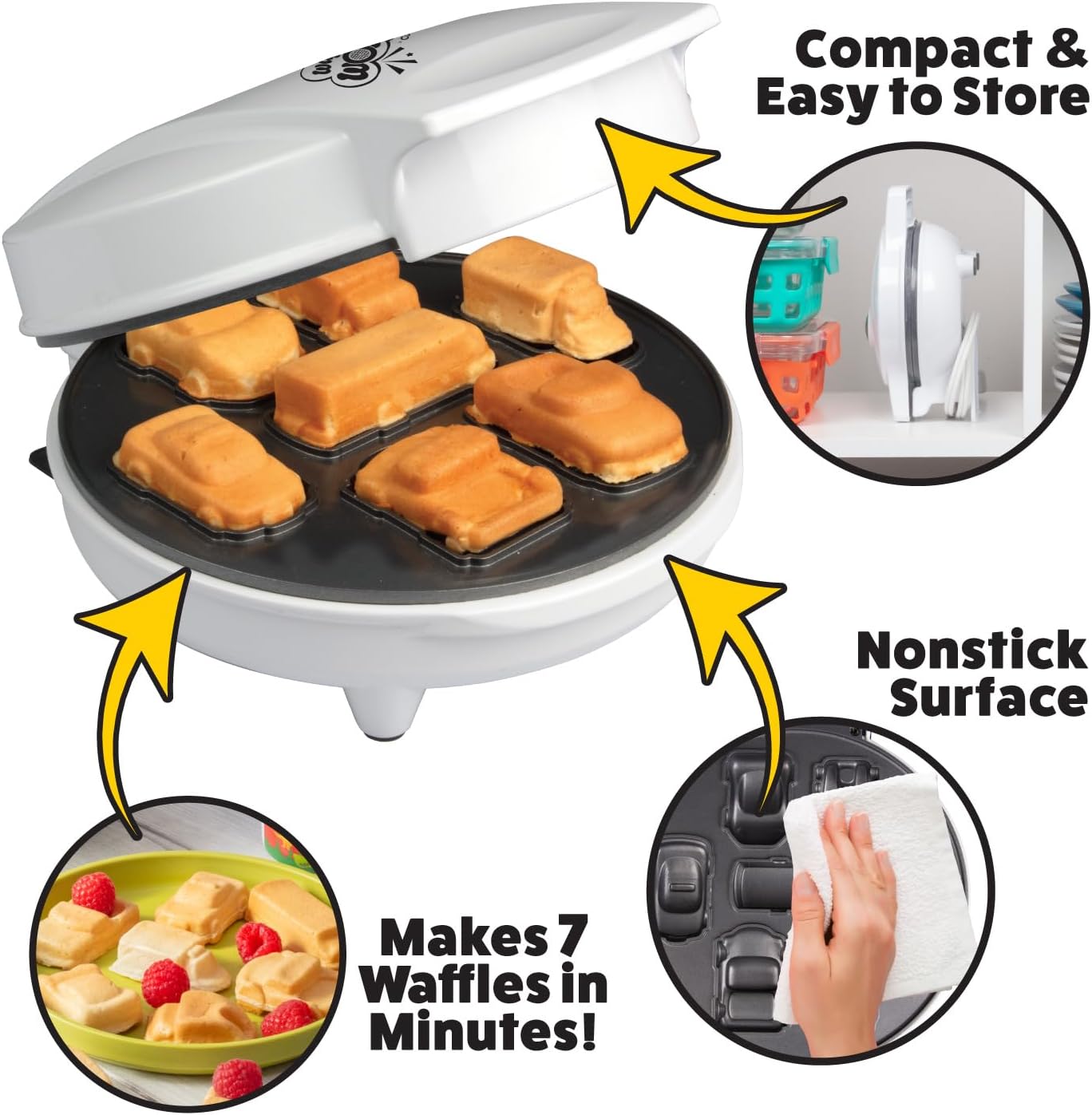 Car Mini Waffle Maker- Make 7 Different Race Cars Trucks & Automobile Vehicle Shaped Pancakes for Kids Adults- Electric Waffler Iron w Recipe Guide, NonStick Pan Cake Baker Machine- Fun Gift for Him