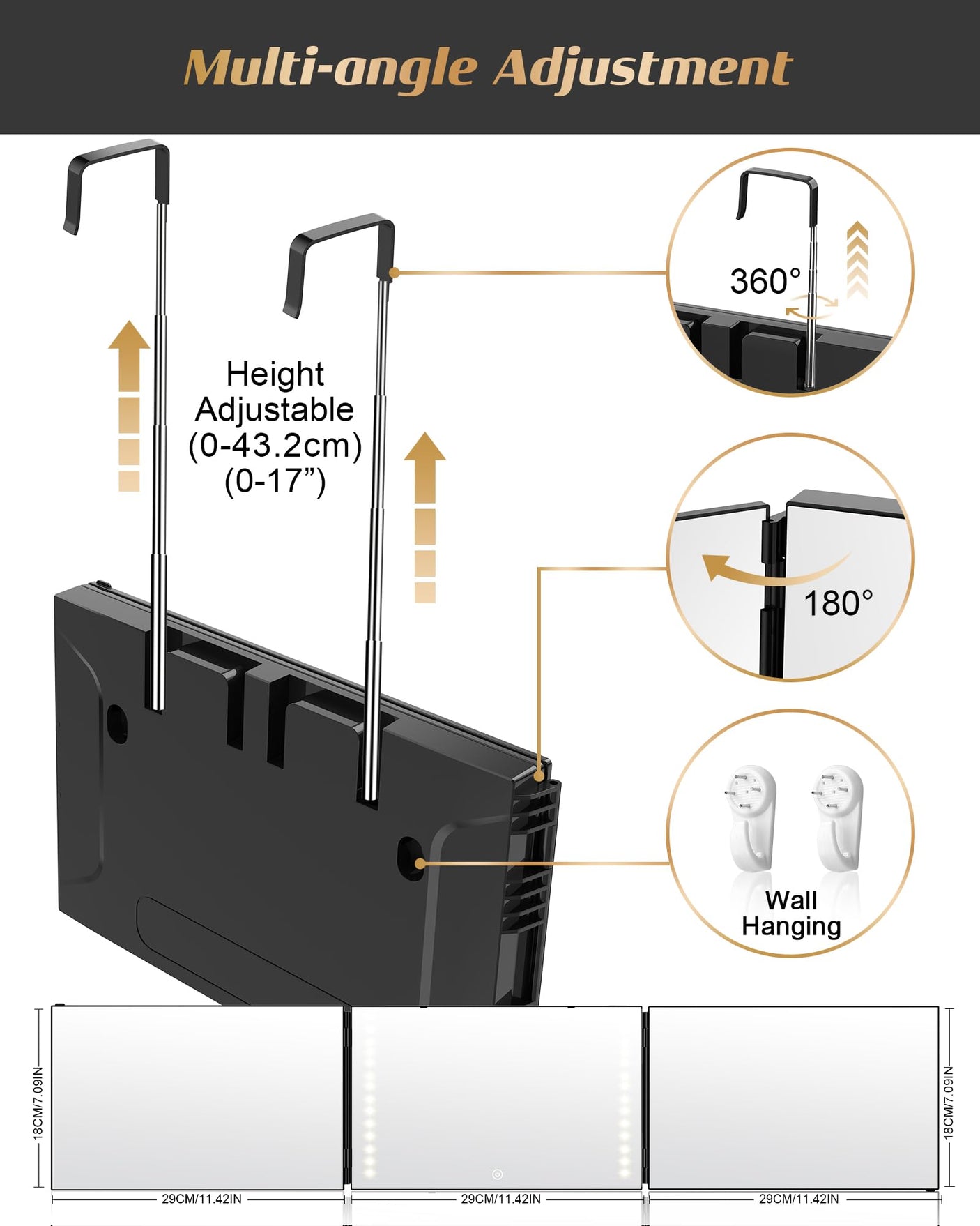 JUSRON 360 Viewing Angle Self Hair Cutting Mirror, Clear Anti-Fog HD Glass (Black Without LED Without Accessories)