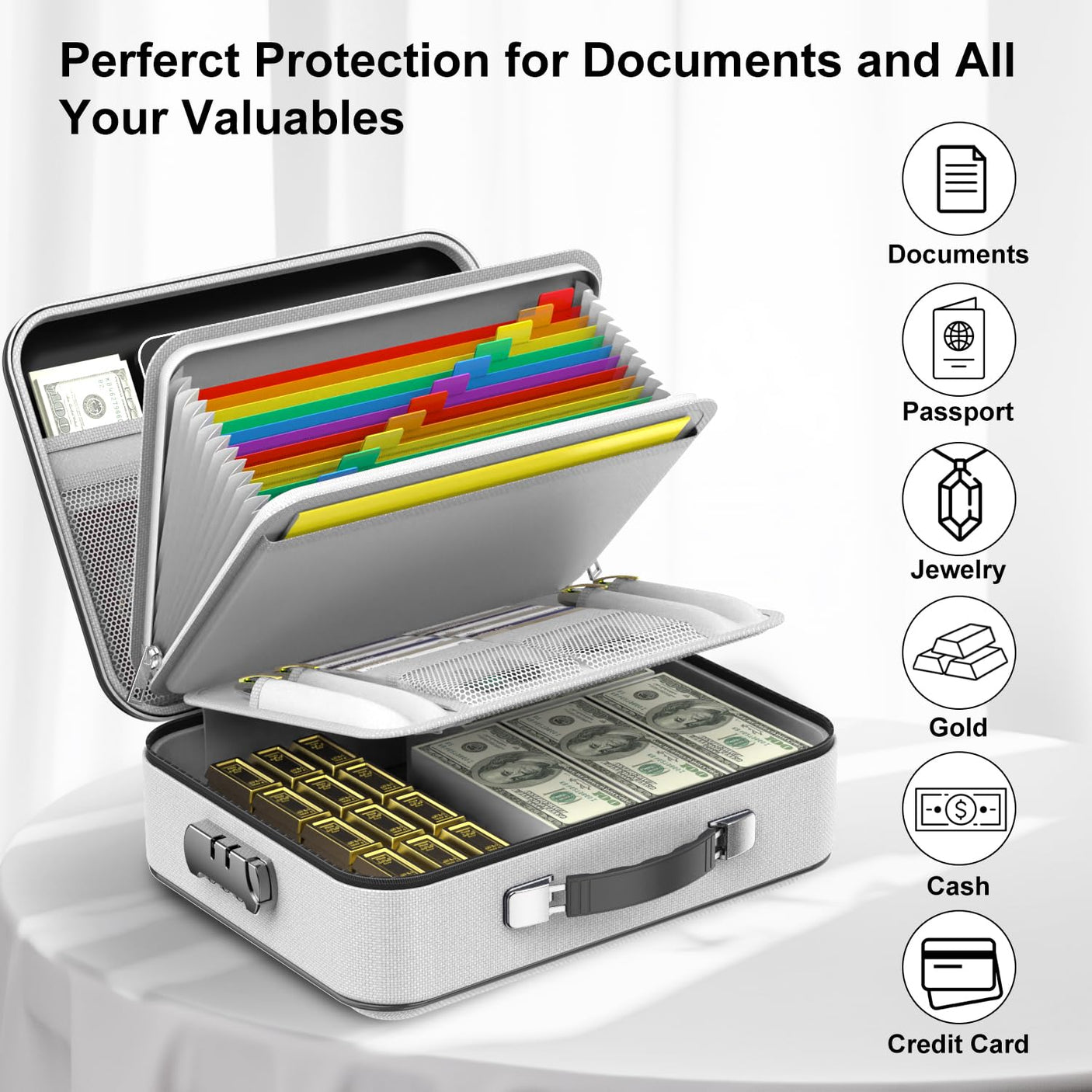 Fireproof Document Box, Hard Case Fireproof File Organizer with Lock Hard-Shell Design Fireproof Water Resistant Safe Box for Important Documents Certificates Laptop Passports Black