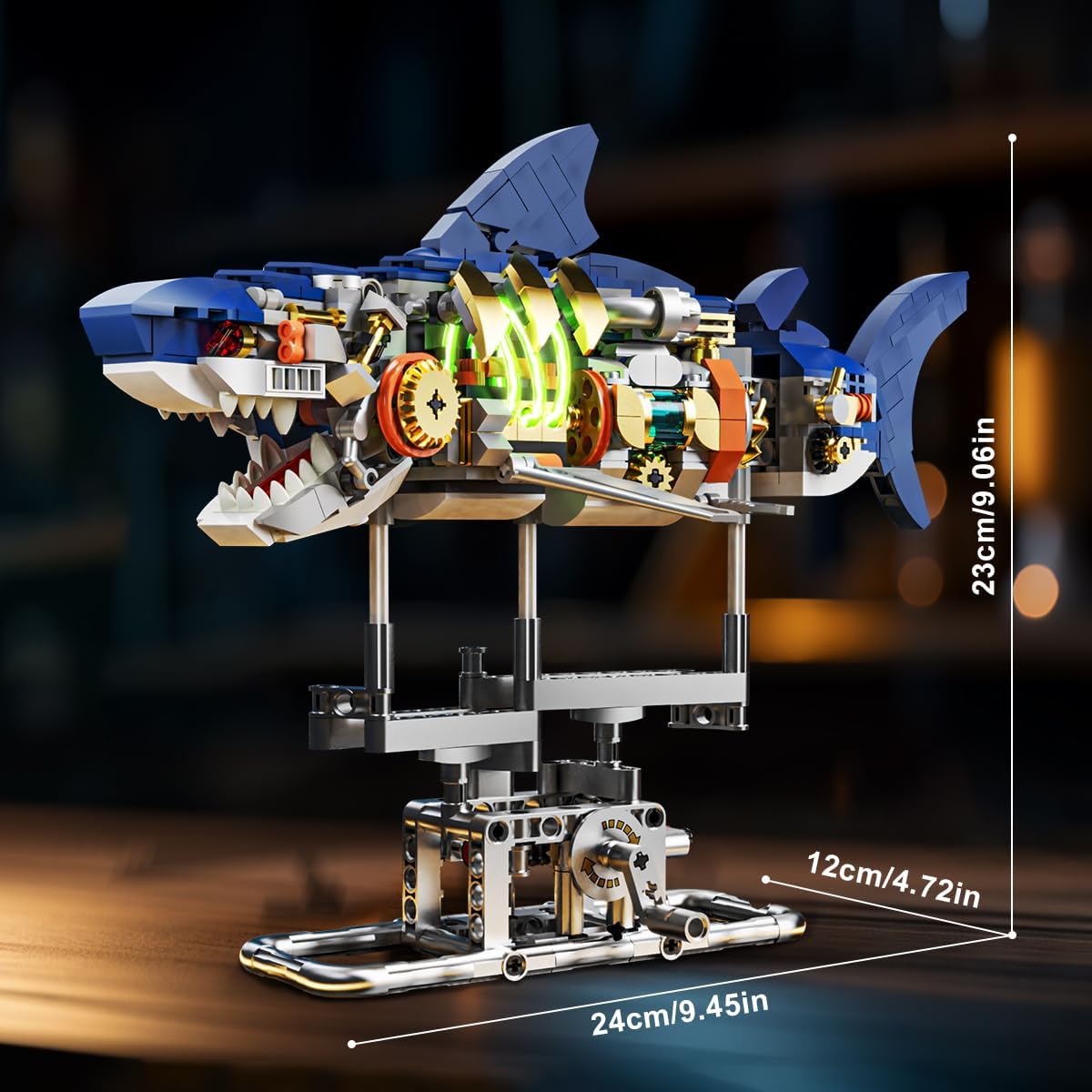 Mechanical Shark Building Set with LED Light, 687 PCS Movable Ocean Animal with Display Stand, Sea Fish Building Block Toy, Home Decor Gift for Adults Teens Kids Boys Ages 12+