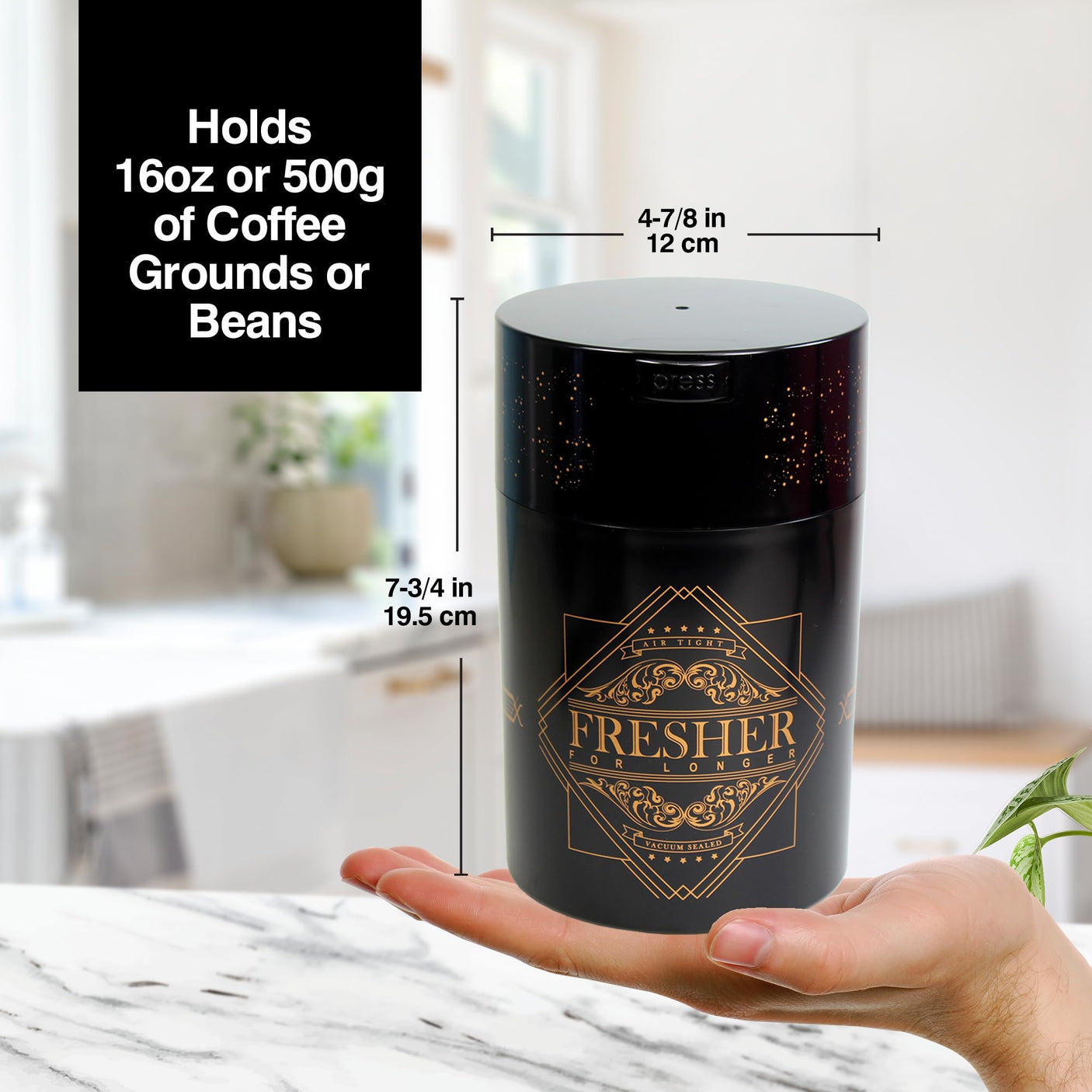 1LB Patented Airtight Multi-use Vacuum Works as Smell Proof Ground Coffee Bean Containers. Black Cap and Body, 1.85-Liter/1.6-Quart
