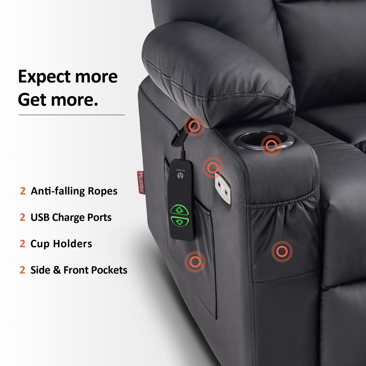 MCombo Power Lift Recliner Chair for Elderly, Lift Chair with Heat and Massage, USB Ports, Cup Holders, Faux Leather 7519 (Medium, Dark Brown)