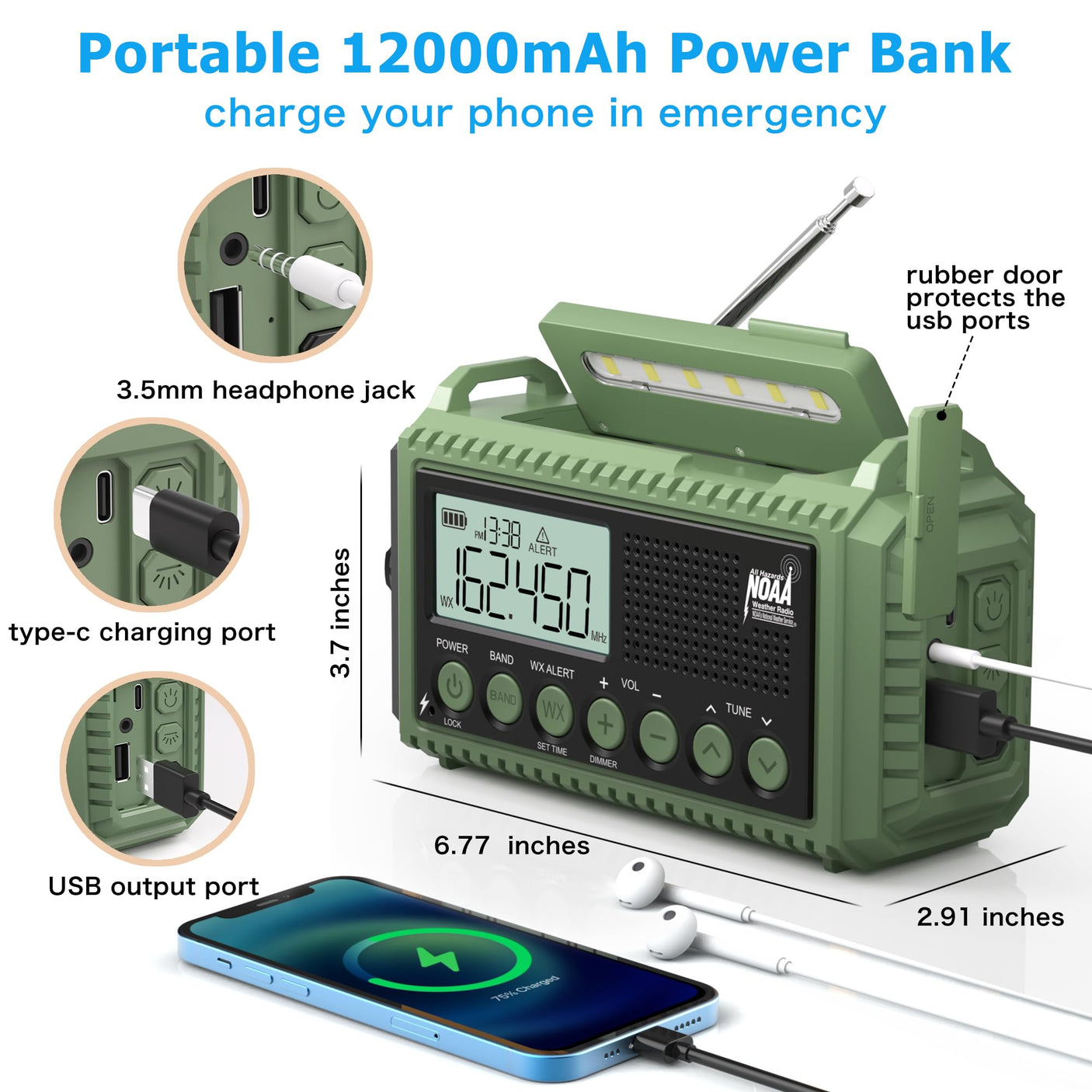 NOAA Weather Radio, Emergency Hand Crank Radio with Solar Charger, Portable Battery Operated AM FM Shortwave Radio with LED Flashlight, USB Charger, Earbud Jack, SOS Alert for Home Survival Hurricane