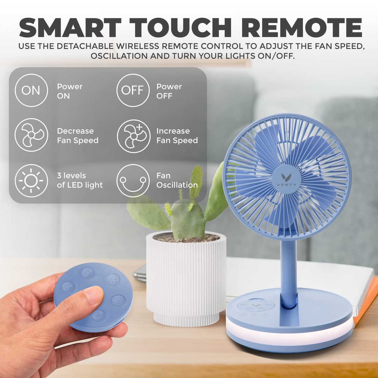 VENTY Original Portable Fan - Wireless Battery Operated Fan With 4 Speeds, LED Lighting, Carry Case & Remote Control - Premium Travel Rechargeable Fan & Power Bank With USB & USB-C Ports (Black)