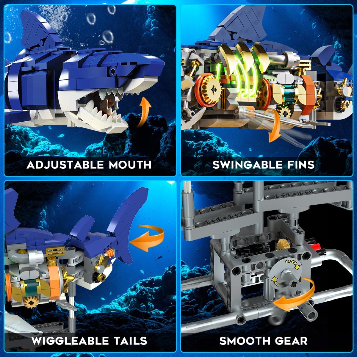 Mechanical Shark Building Set with LED Light, 687 PCS Movable Ocean Animal with Display Stand, Sea Fish Building Block Toy, Home Decor Gift for Adults Teens Kids Boys Ages 12+