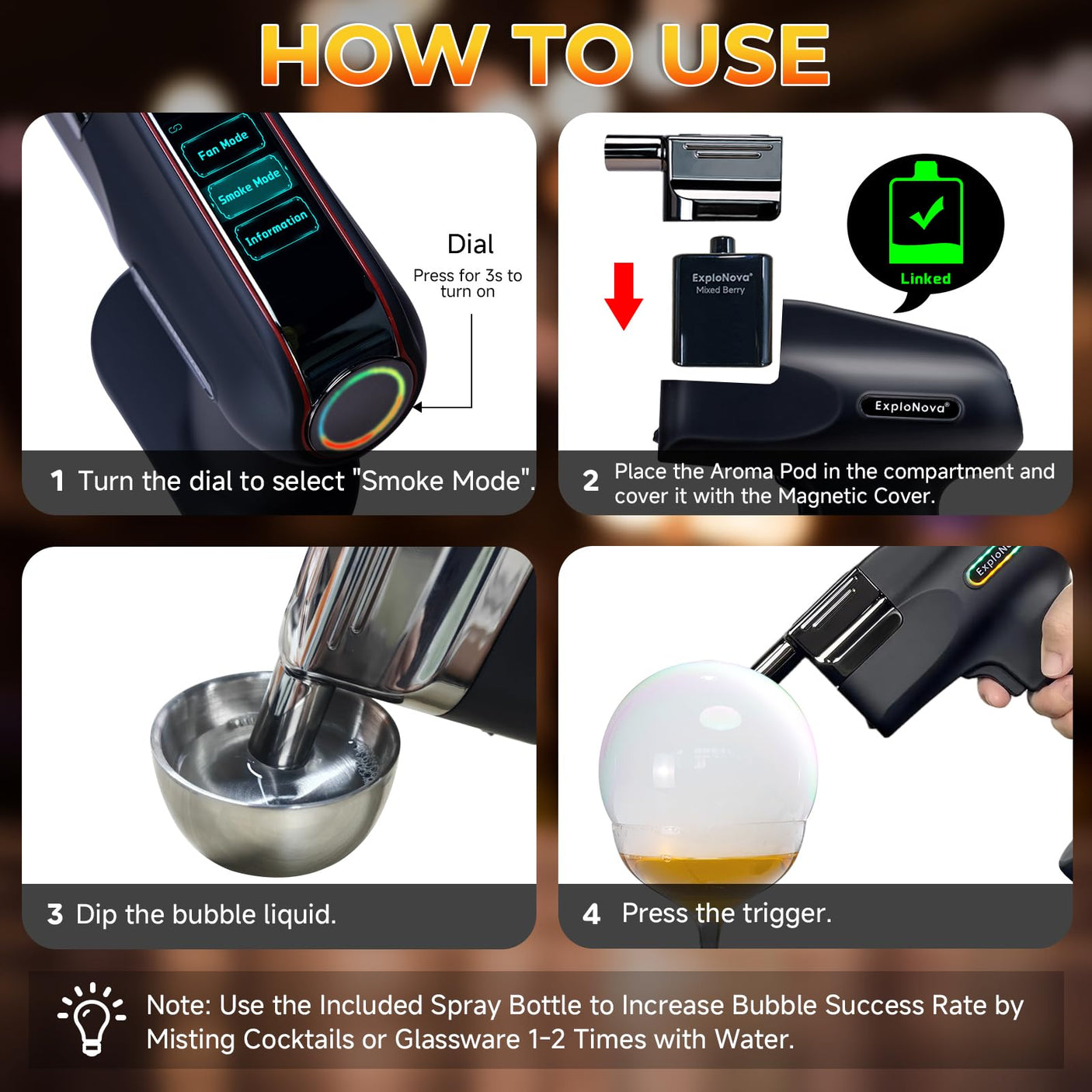 Cocktail Bubble Smoke Gun with 5 Flavour Aroma Pods and Edible Bubbles, Electric Bubble Smoke Machine, Food Drink Decor Perfect for Bar, Party and Home, Gift for Engagement & Birthday