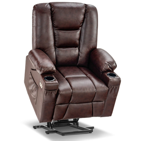 MCombo Power Lift Recliner Chair for Elderly, Lift Chair with Heat and Massage, USB Ports, Cup Holders, Faux Leather 7519 (Medium, Dark Brown)