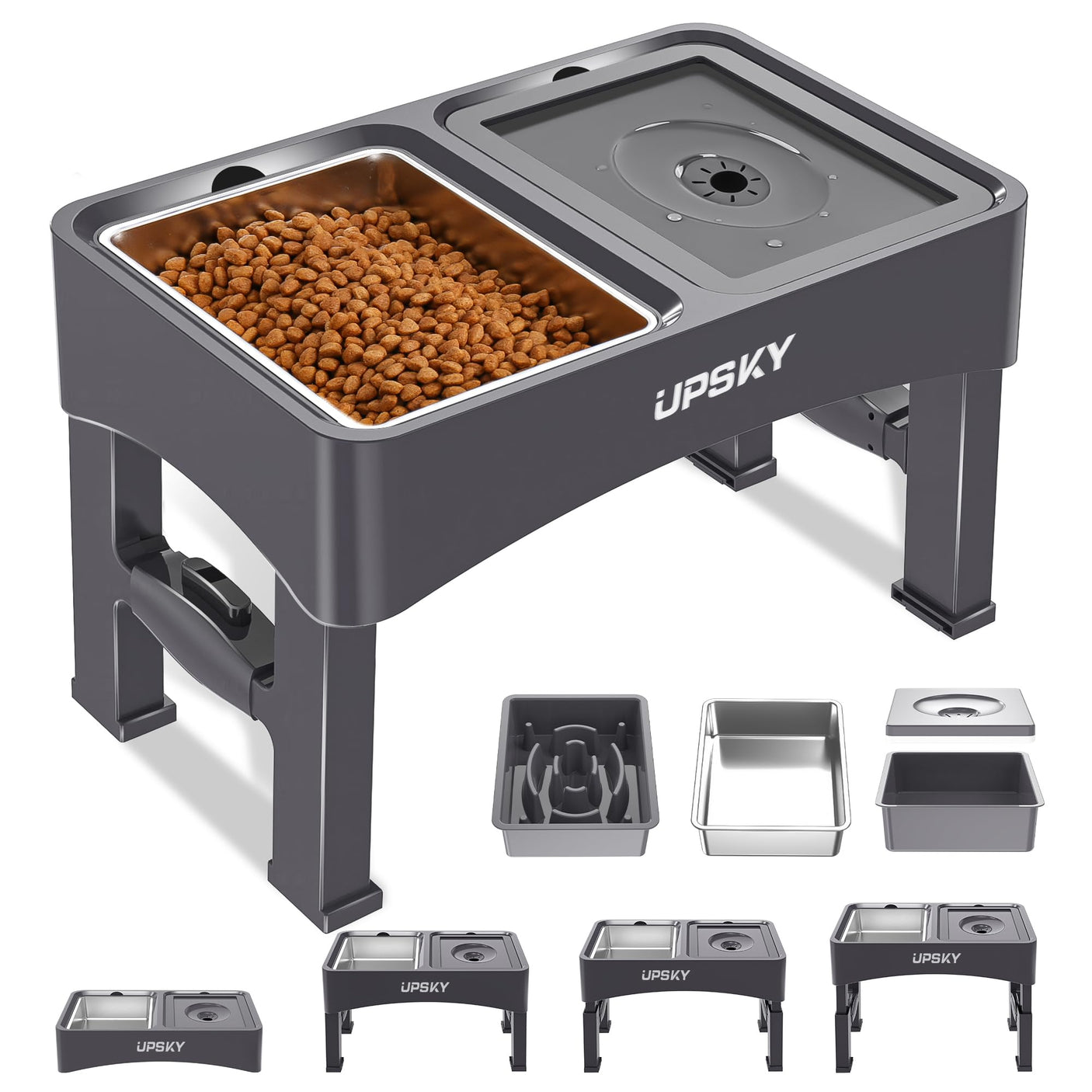 UPSKY 2-in-1 Elevated Dog Bowls Slow Feeder, 4 Height Adjustable Raised Bowls Stand, No Spill Dog Water Bowls, Anti-Slip Food and Water Bowl for Small Medium Dogs(Not Include Stainless Steel Bowl)