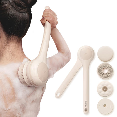 Electric Body Brush Back Scrubber for Shower, Waterproof Long Dual Handle Power Body Scrubber with 3 Heads, Rechargeable Bath Brush & 2 Speeds, for Cleansing, Exfoliating and Massaging Skin
