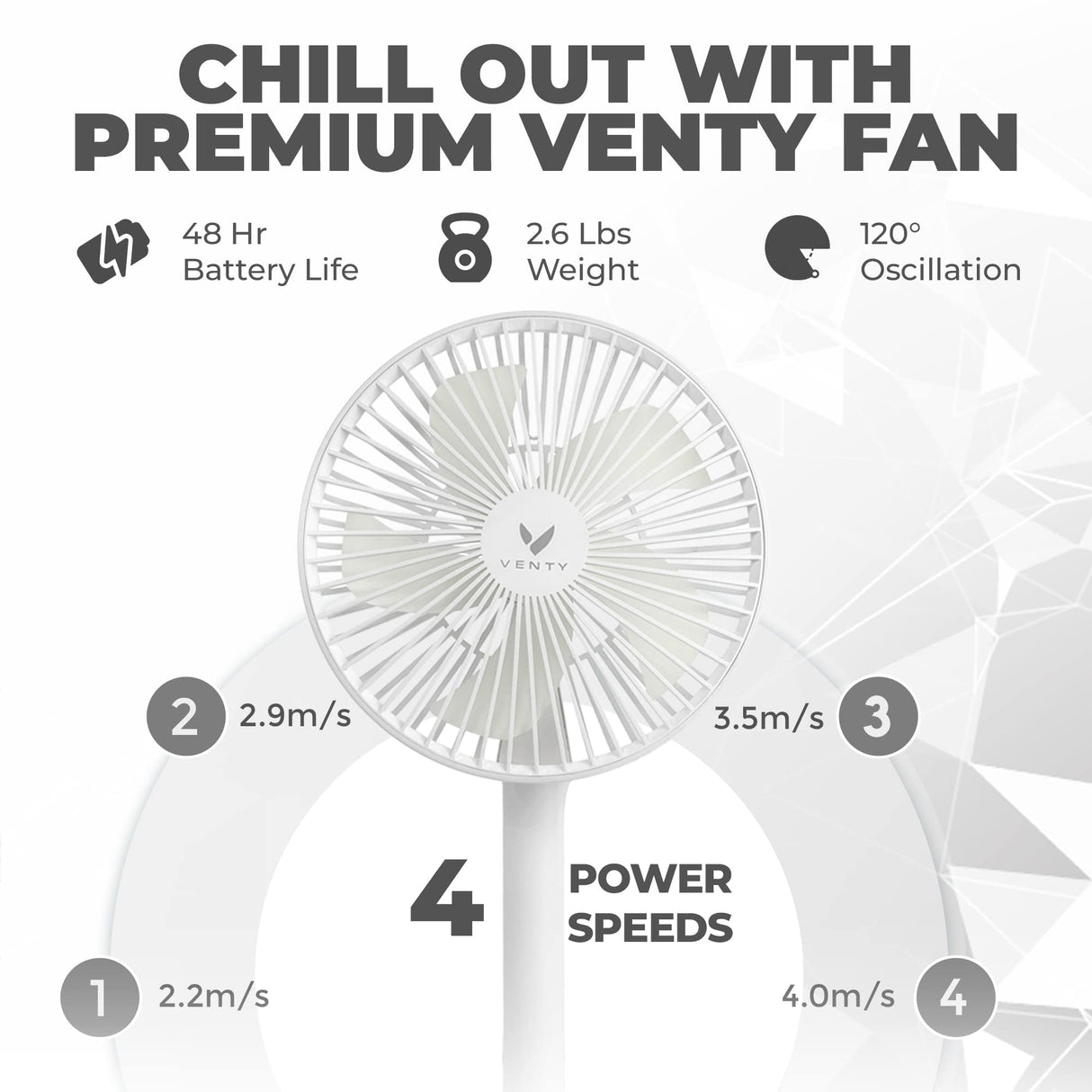 VENTY Original Portable Fan - Wireless Battery Operated Fan With 4 Speeds, LED Lighting, Carry Case & Remote Control - Premium Travel Rechargeable Fan & Power Bank With USB & USB-C Ports (Black)