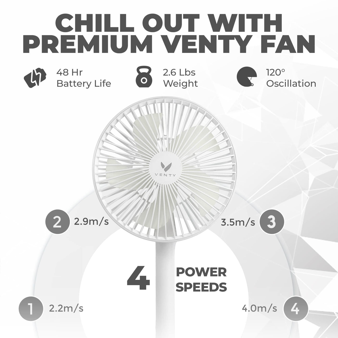 VENTY Original Portable Fan - Wireless Battery Operated Fan With 4 Speeds, LED Lighting, Carry Case & Remote Control - Premium Travel Rechargeable Fan & Power Bank With USB & USB-C Ports (Black)