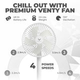 VENTY Original Portable Fan - Wireless Battery Operated Fan With 4 Speeds, LED Lighting, Carry Case & Remote Control - Premium Travel Rechargeable Fan & Power Bank With USB & USB-C Ports (Black)