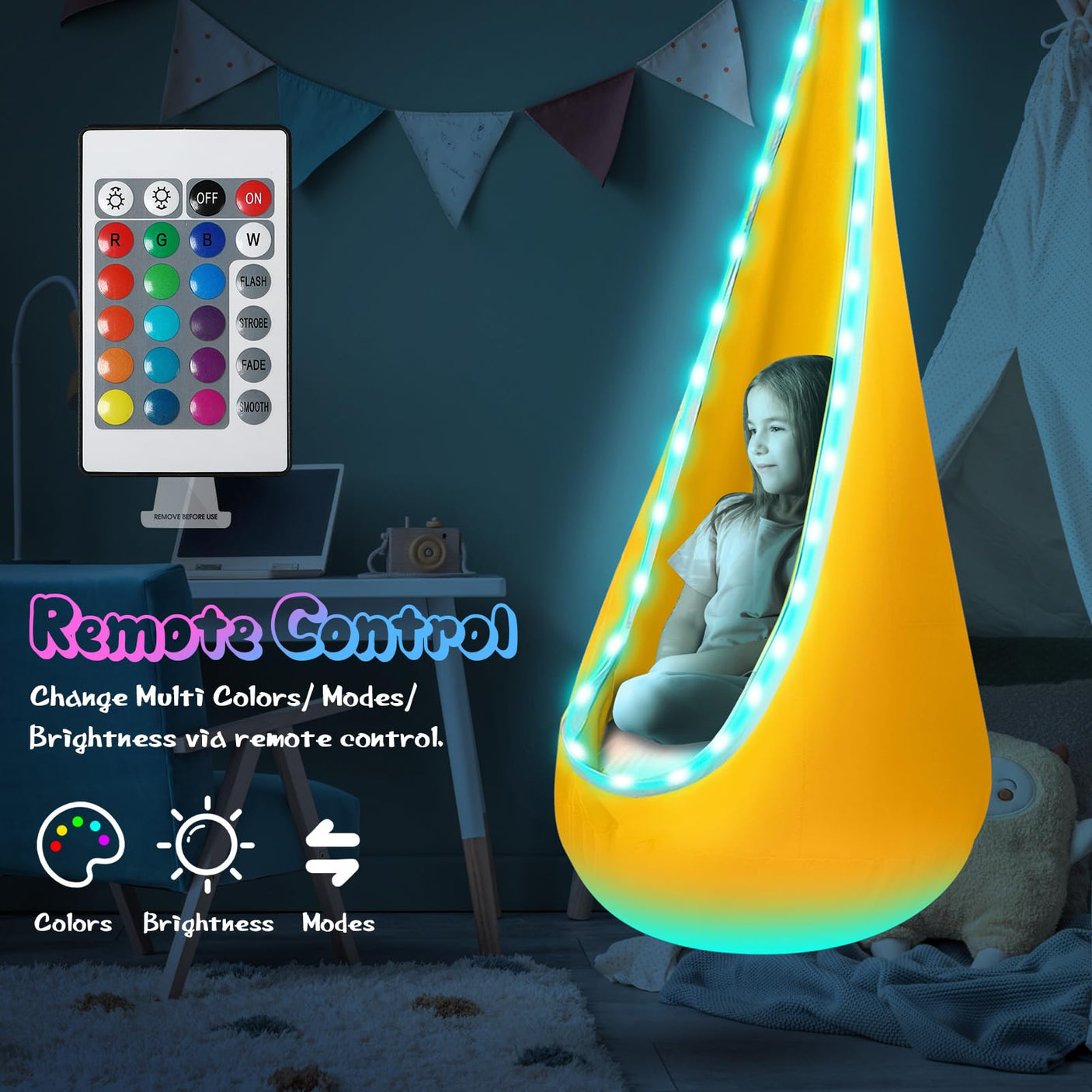 Light Up Kids Pod Swing Seat, Upgraded Kids Hanging Hammock Swing with LED Lights, Cotton Sensory Pod Swing Chair with Inflatable Pillow, Pod Swing for Kids Indoor & Outdoor (1 PCS) (Blue)