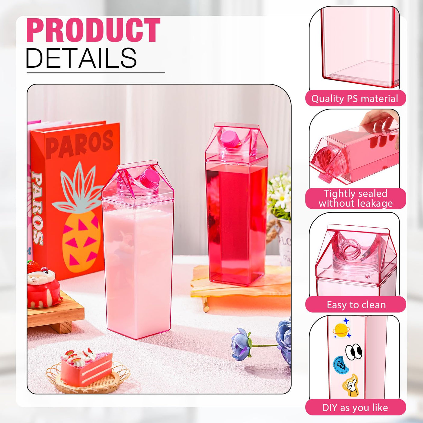 Remerry 3 Pcs Milk Carton Water Bottle Square Plastic Coffee Portable Reusable Milk Carton Cup Leakproof Juice Bottle