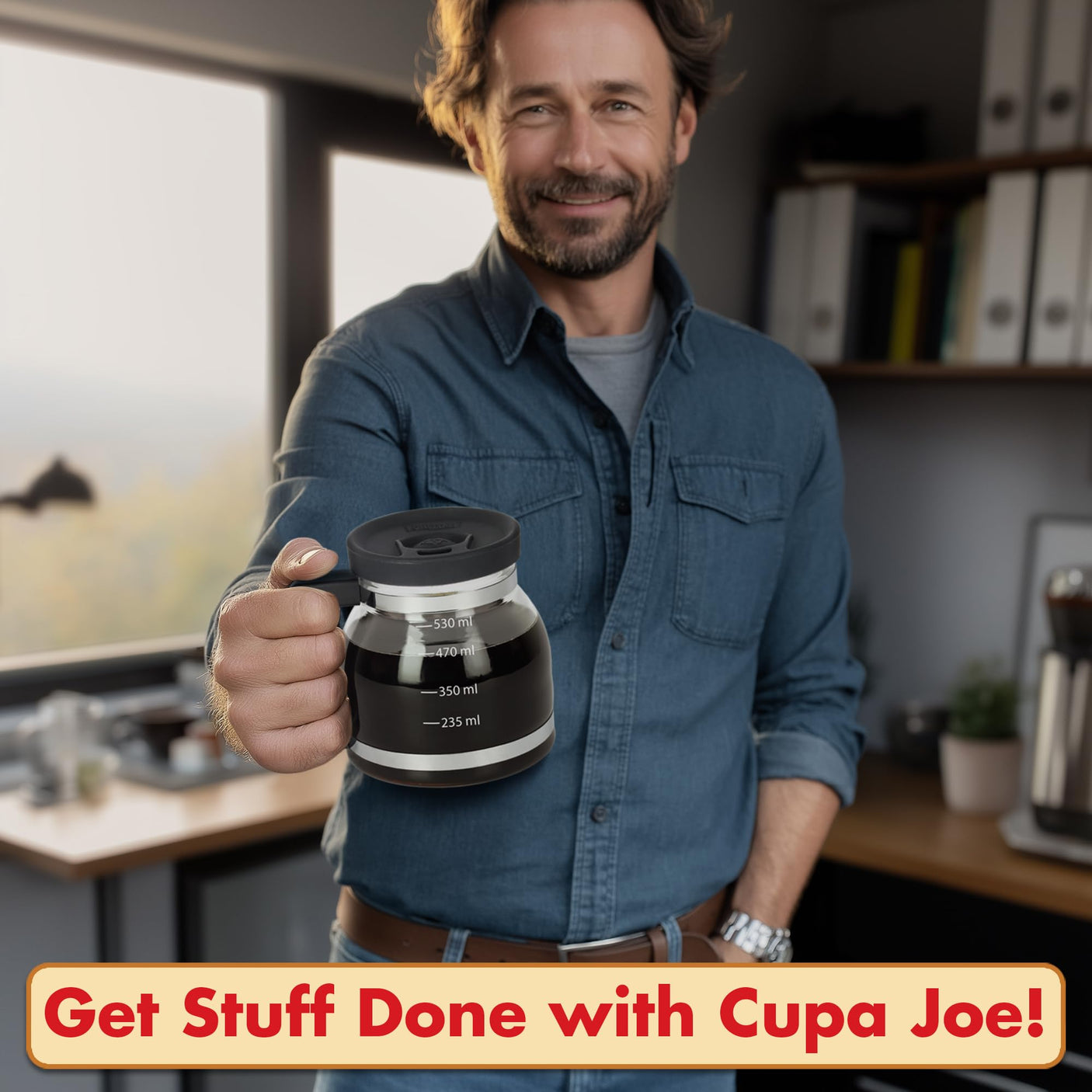Cupa Joe Coffee Mug – 20oz Borosilicate Glass Diner Pot Mug with Spill-Proof Lid – Funny Novelty Gift for Coffee Lovers, Dads, Office, Travel & More