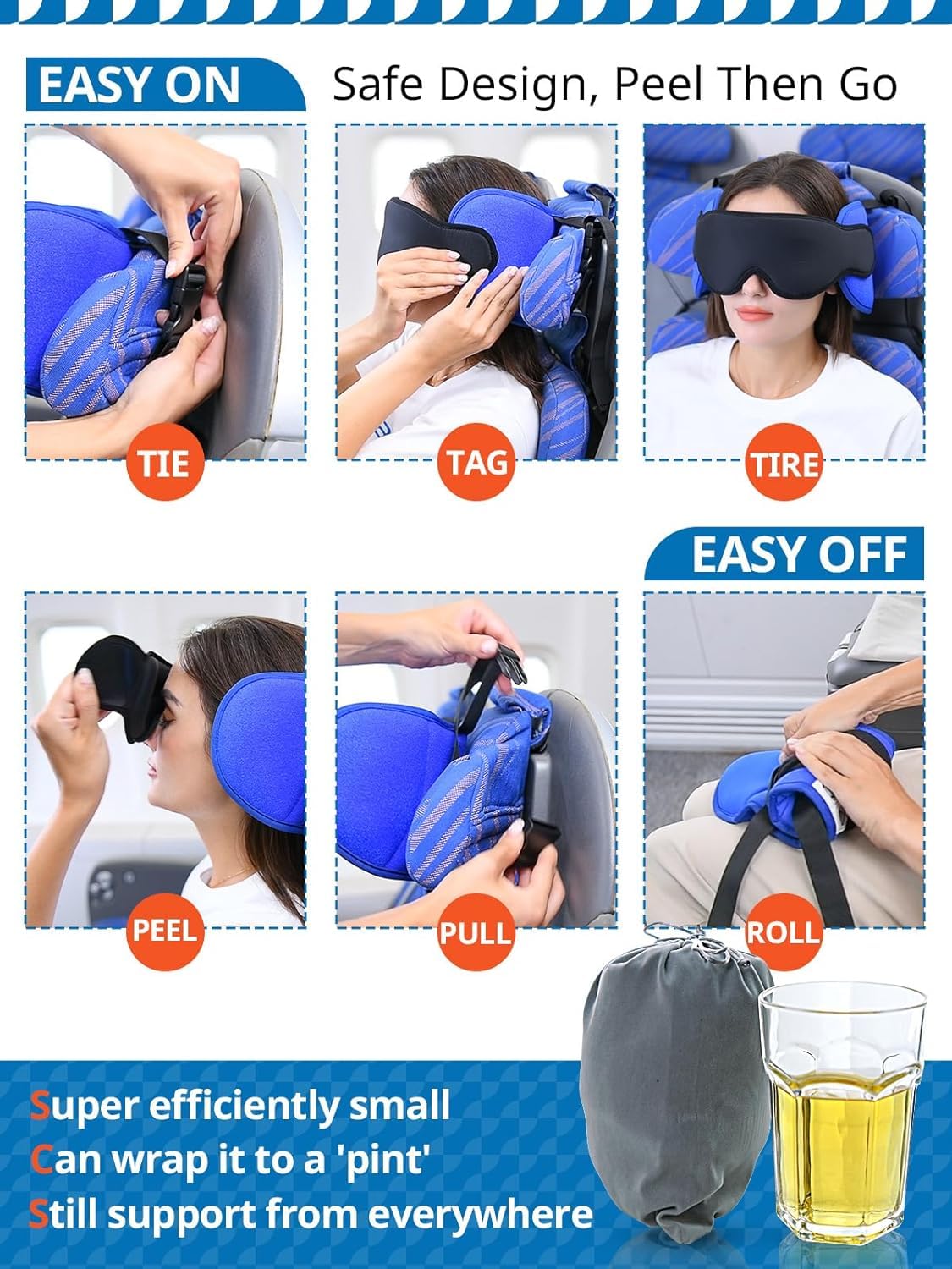 Airplane Pillow Combo with Chin Strap, Travel Pillows for Airplanes with Sleep Eye Mask, Plane Pillow for Long Flights, Car Road Trip, 360° Headrest, Stop Bobblehead, Black