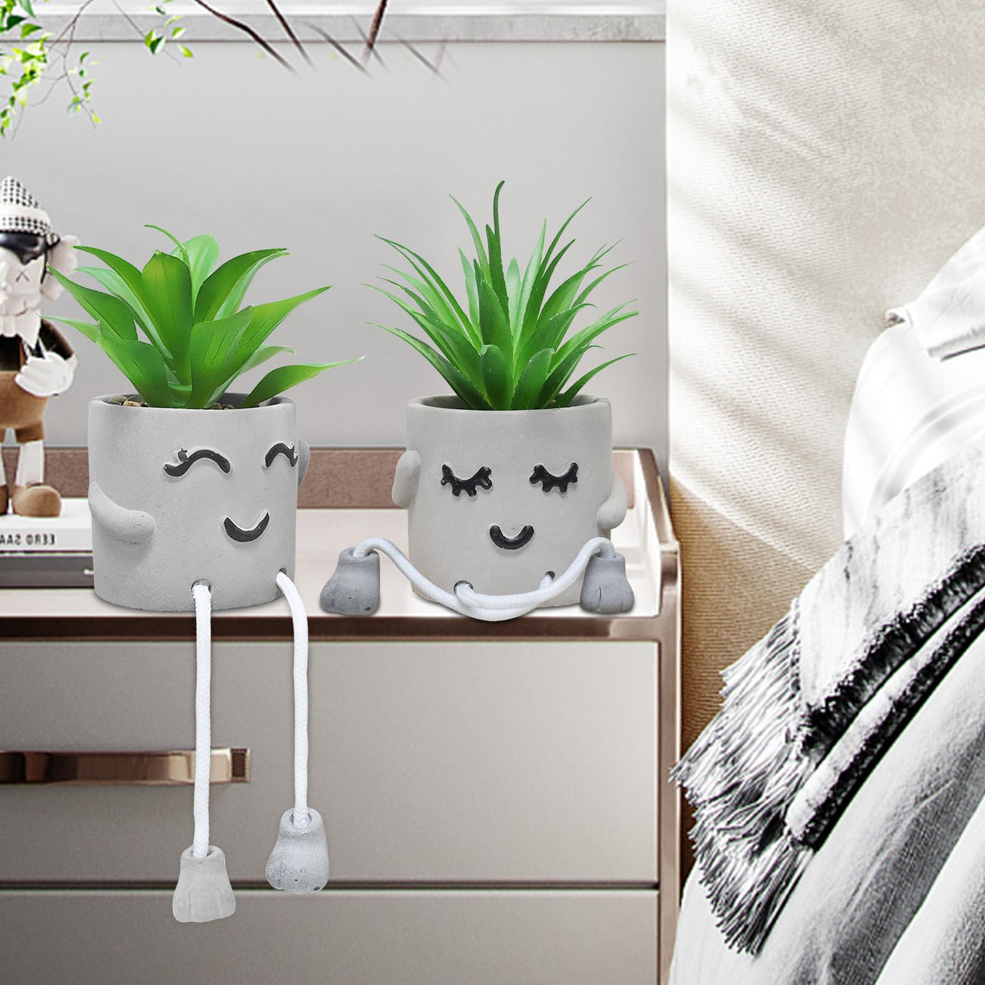 Zerzsy 3pcs Creative Artificial Succulents with Gray Flower Pots, Mini Potted Succulents for Home Office Desk Decor and Gift Choice