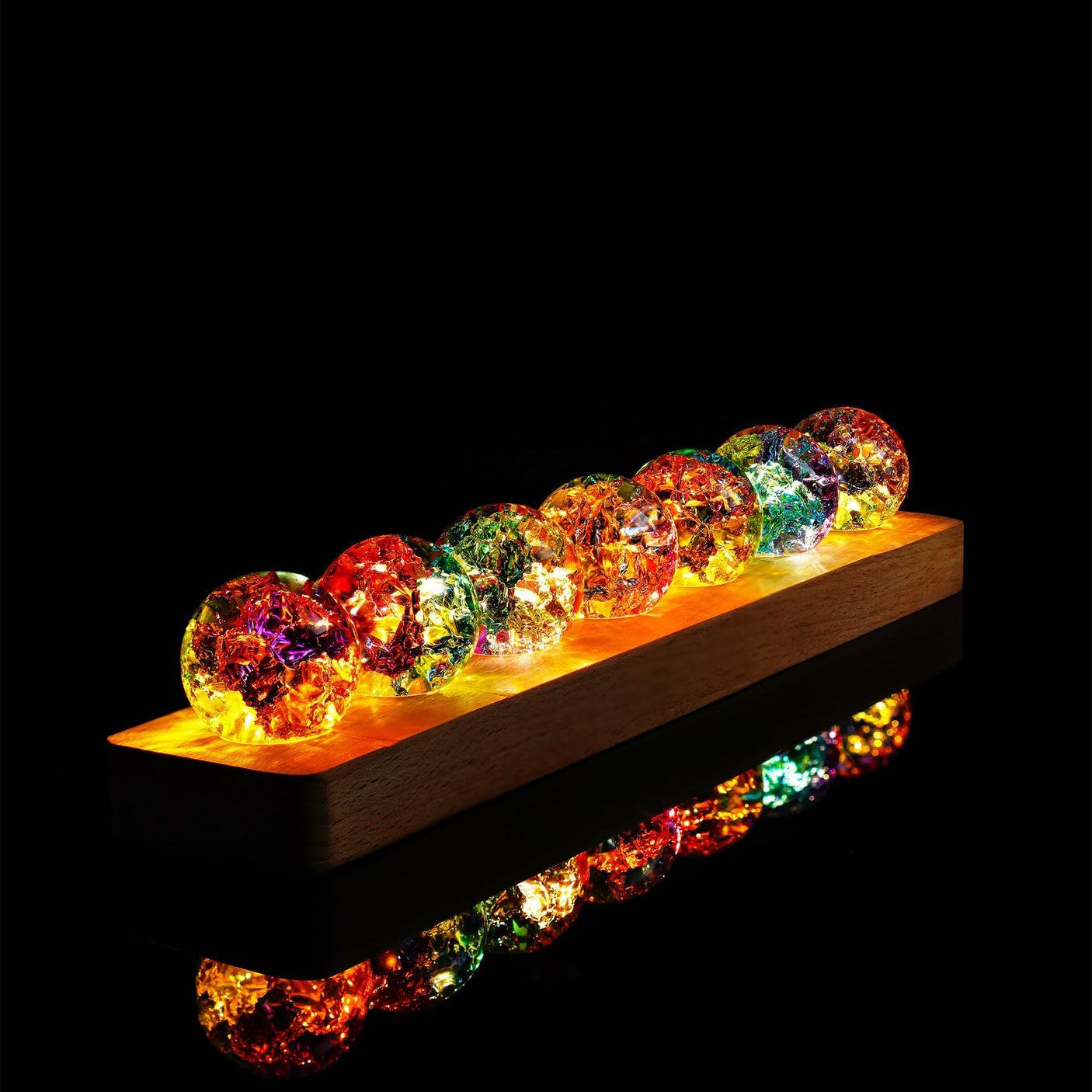 7 Chakra Natural Healing Spheres with LED Wooden Stand 40mm Crystal Quartz Stones for Meditation Positive Energy Night Light Decoration Balls Set for Home