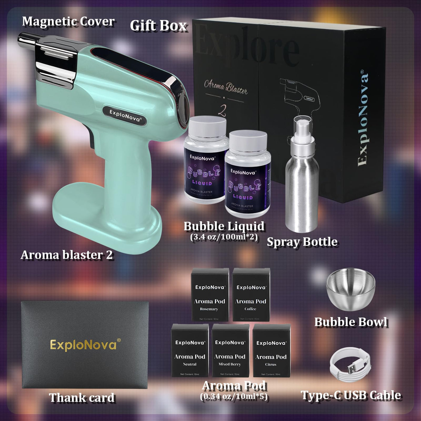 Cocktail Bubble Smoke Gun with 5 Flavour Aroma Pods and Edible Bubbles, Electric Bubble Smoke Machine, Food Drink Decor Perfect for Bar, Party and Home, Gift for Engagement & Birthday