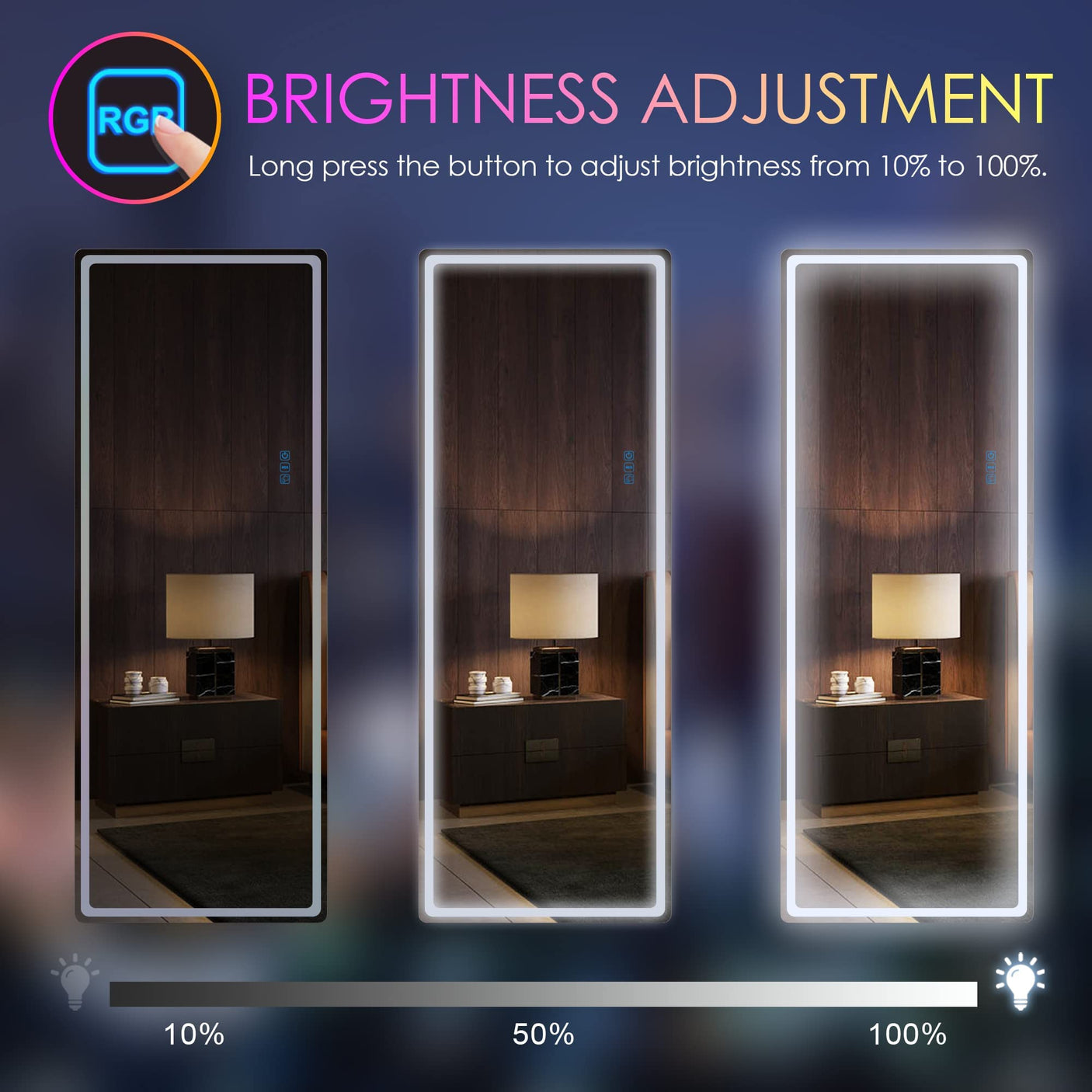 LVSOMT LED RGB Full Length Mirror, Full Body Mirror with Lights, Wall Mounted Lighted Mirror, Over The Door Hanging Mirror, 14 LED Light + Dimmable Brightness + Adjustable Speed, 47" x 16"