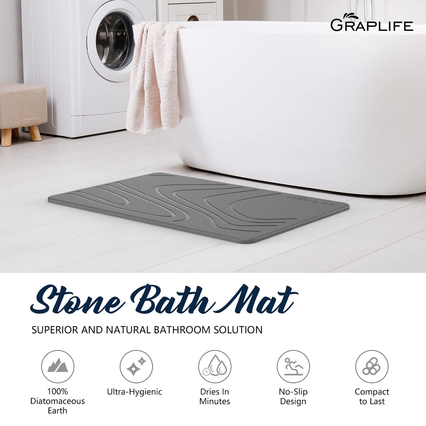 Stone Bath Mat, Diatomaceous Earth Shower Mat, Non-Slip Super Absorbent Quick Drying Bathroom Floor Mat, Natural, Easy to Clean (23.6 x 15.35 Darkgrey)