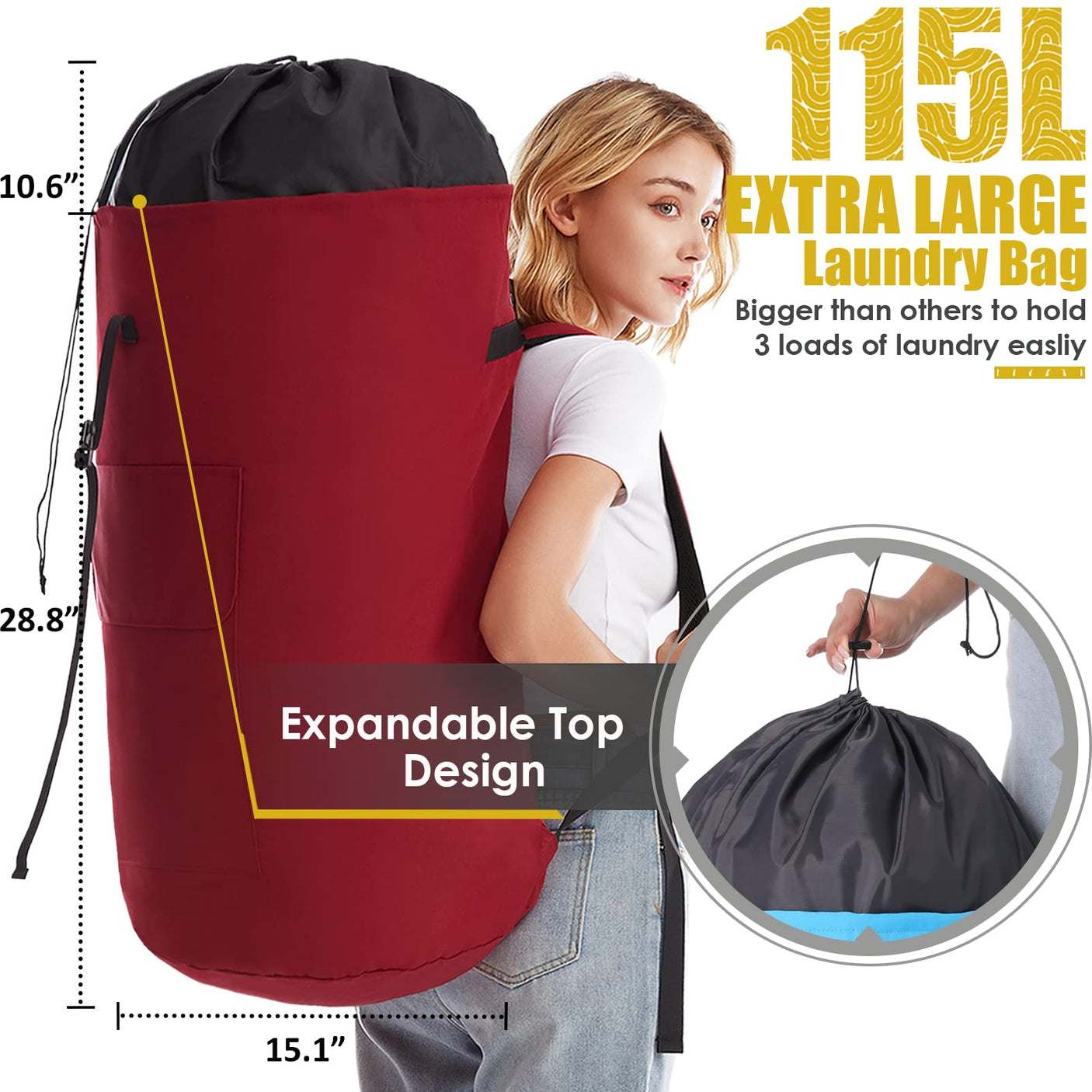 Laundry Bag Backpack Extra Large, 115L Laundry Backpack with Padded Shoulder Strap, Sturdy Travel Laundry Bags, Hanging Laundry Bag for College Dorm, Apartment, Clothes Hamper Bag for Laundromat