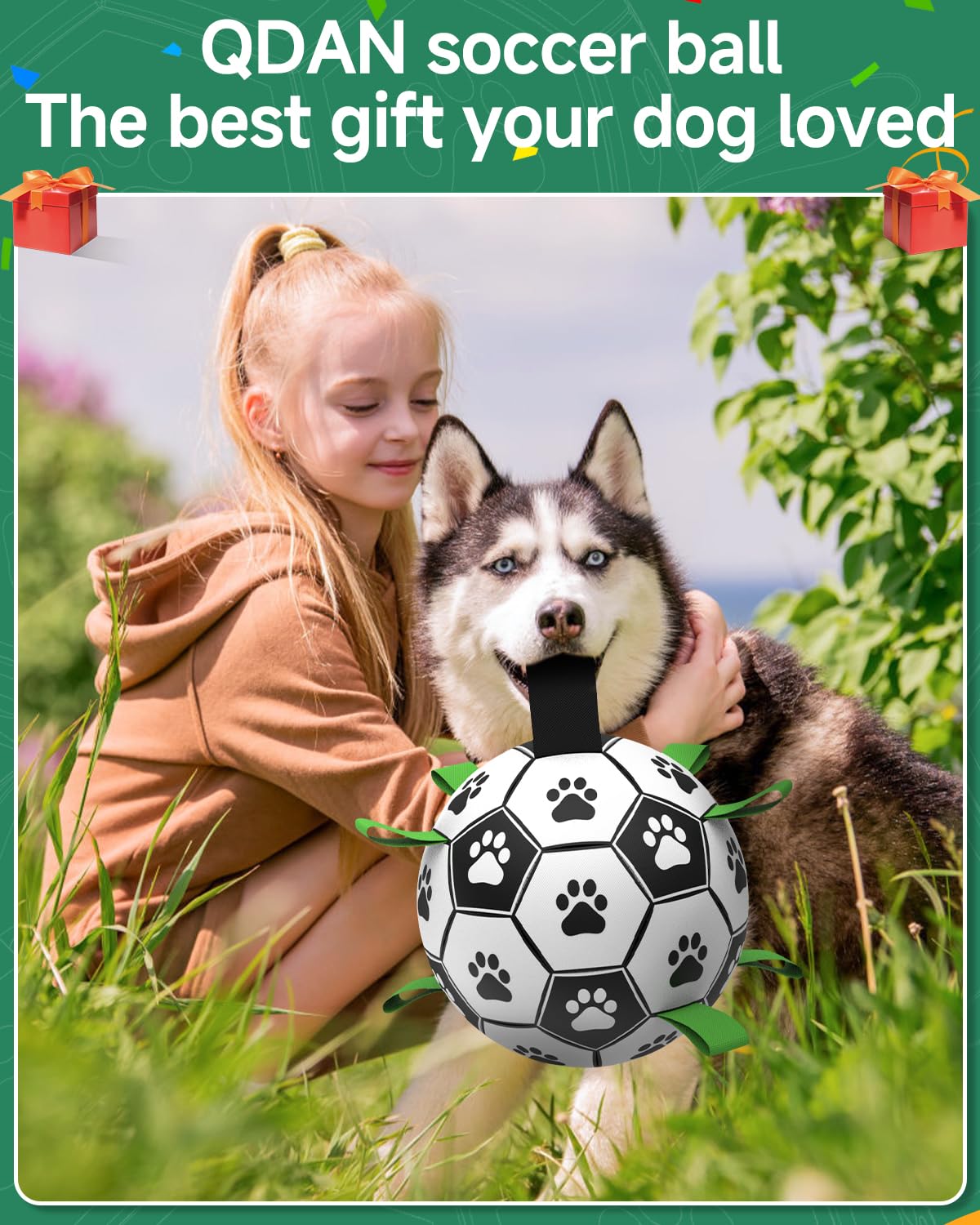 QDAN Premium Dog Toys Balls, Dog Soccer Ball with Straps, Dog Birthday Gifts, Herding Ball, Durable Balls for Small Medium Pet, Puppy Outdoor Toy, Pet Training Soccer Ball, World Cup Soccer (6 Inch)