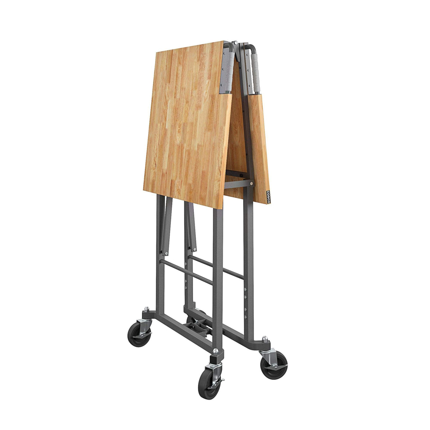 COSCO SmartFold Butcher Block Portable Workbench / Folding Utility Table (Hardwood Top, 700LB Total Weight Capacity, Locking Casters, Gray Steel Frame, 1 Pack)