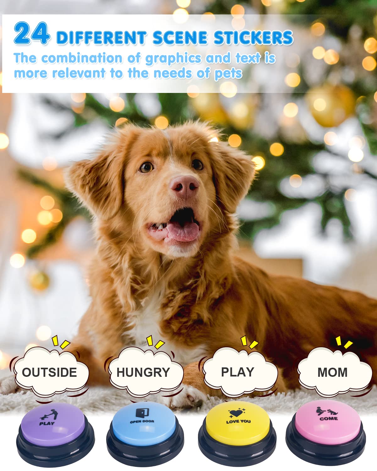 Dog Buttons for Communication, 8 Pcs Dog Talking Button Set, 30s Recordable Voice Pet Buzzer Training Buttons, Speaking Button for Dogs with Waterproof Anti-Slip Dog Button Mat and 48 Scene Stickers