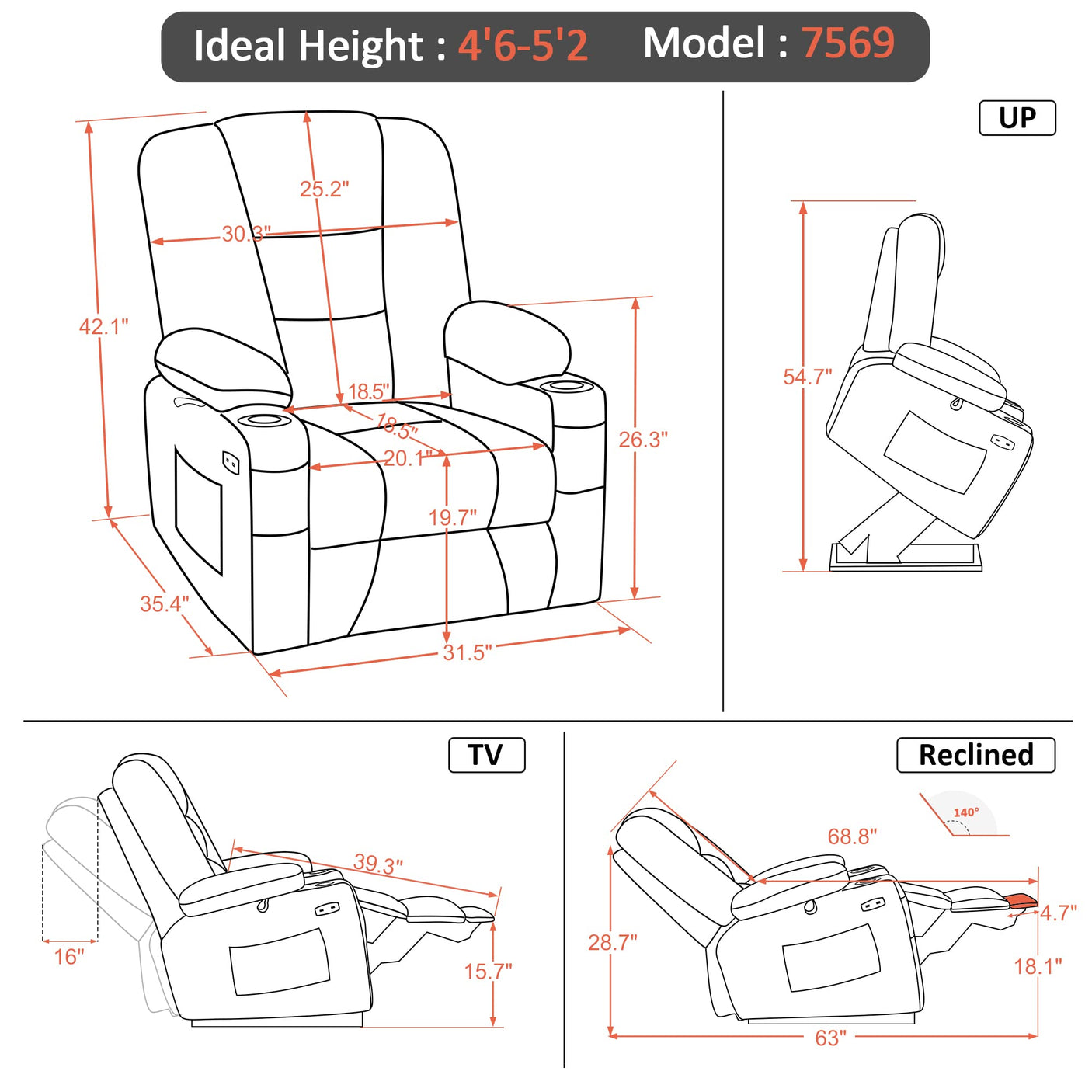 MCombo Power Lift Recliner Chair for Elderly, Lift Chair with Heat and Massage, USB Ports, Cup Holders, Faux Leather 7519 (Medium, Dark Brown)
