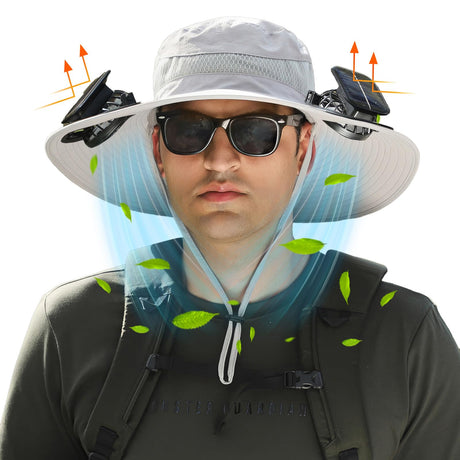 Wide Brim Solar Fan Outdoor Fishing Hat, Solar & USB Powered, Summer UV Protection Outdoor Fishing Hats UPF 50