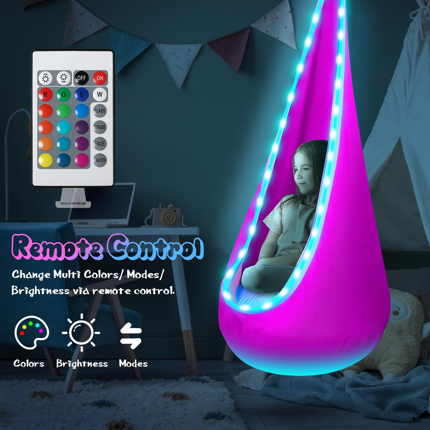Light Up Kids Pod Swing Seat, Upgraded Kids Hanging Hammock Swing with LED Lights, Cotton Sensory Pod Swing Chair with Inflatable Pillow, Pod Swing for Kids Indoor & Outdoor (1 PCS) (Blue)