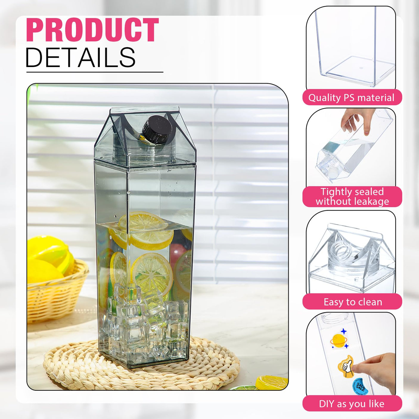 Remerry 3 Pcs Milk Carton Water Bottle Square Plastic Coffee Portable Reusable Milk Carton Cup Leakproof Juice Bottle