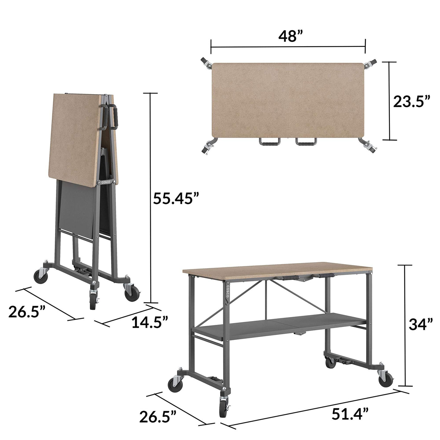 COSCO SmartFold Butcher Block Portable Workbench / Folding Utility Table (Hardwood Top, 700LB Total Weight Capacity, Locking Casters, Gray Steel Frame, 1 Pack)