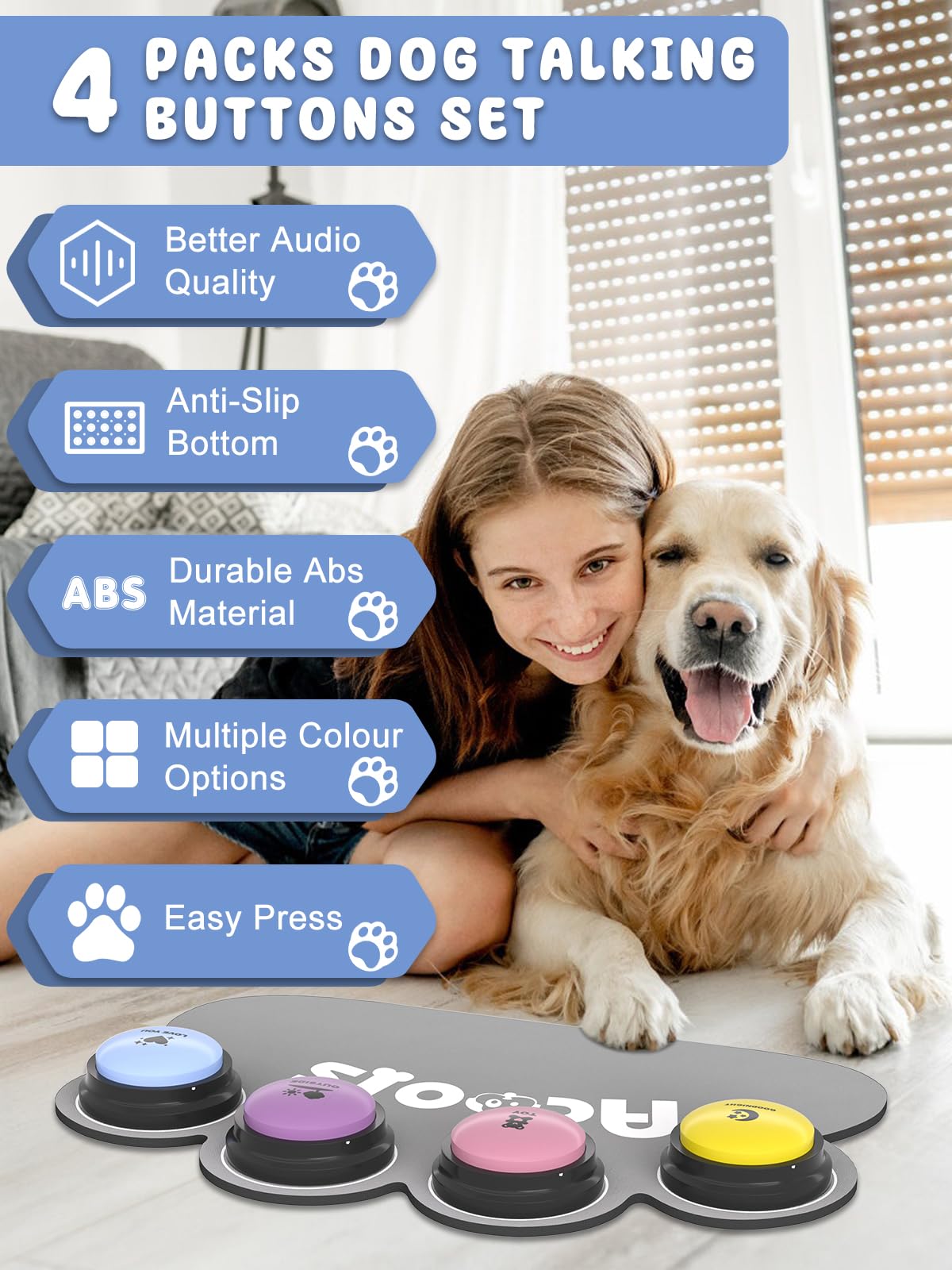 Dog Buttons for Communication, 8 Pcs Dog Talking Button Set, 30s Recordable Voice Pet Buzzer Training Buttons, Speaking Button for Dogs with Waterproof Anti-Slip Dog Button Mat and 48 Scene Stickers
