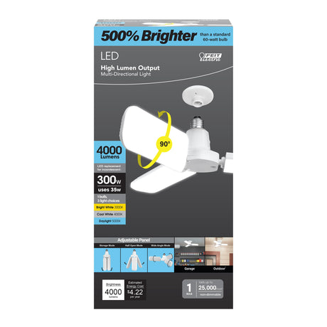 Feit Electric Smart LED Garage Light, RGBW 3 Panel, WiFi 2.4GHz, Screw-in LED Shop Light Bulb, Works with Alexa and Google Home Assistant, E26, 4000 Lumens, Garage Ceiling Light, ADJ4000/RGBW/LED/AG