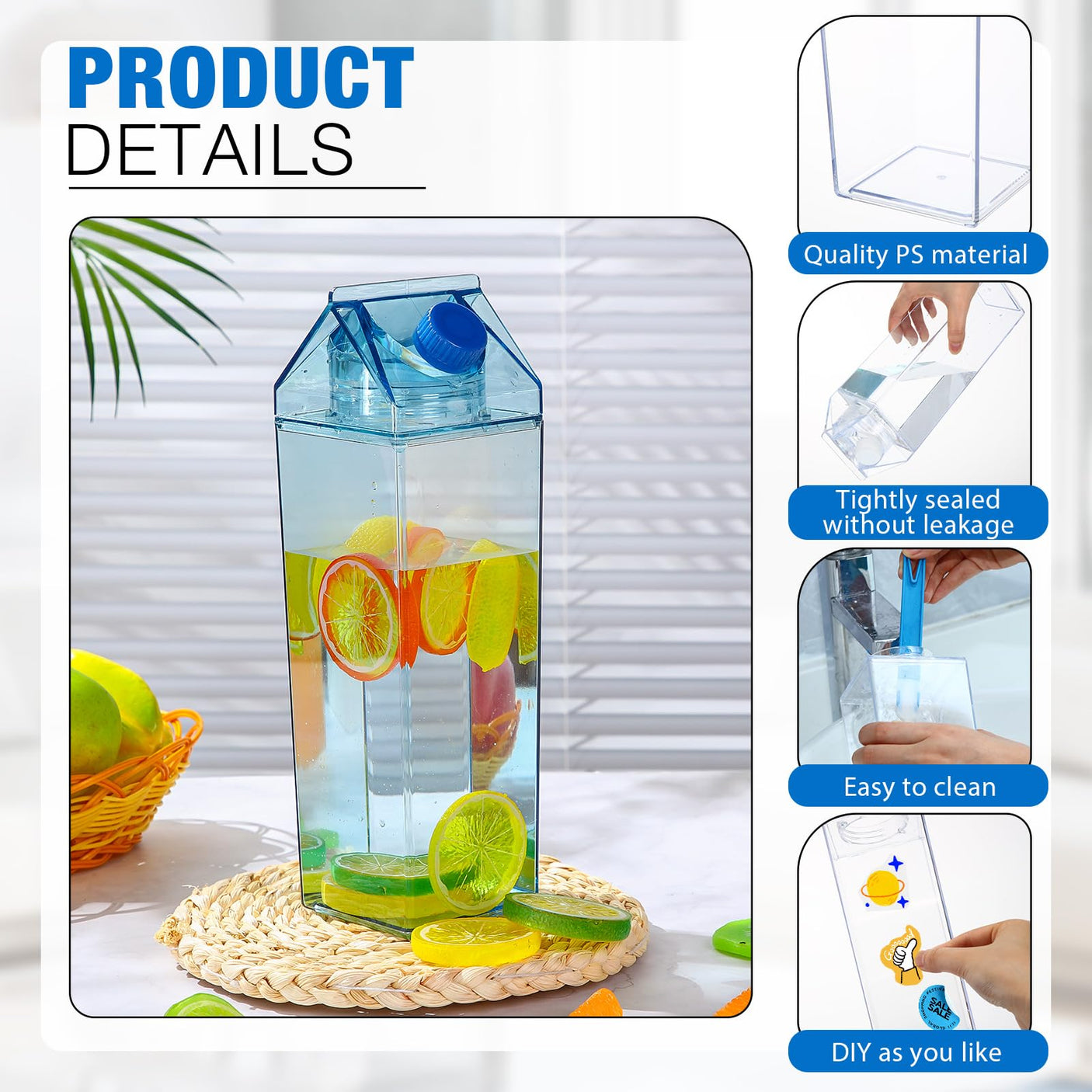 Remerry 3 Pcs Milk Carton Water Bottle Square Plastic Coffee Portable Reusable Milk Carton Cup Leakproof Juice Bottle