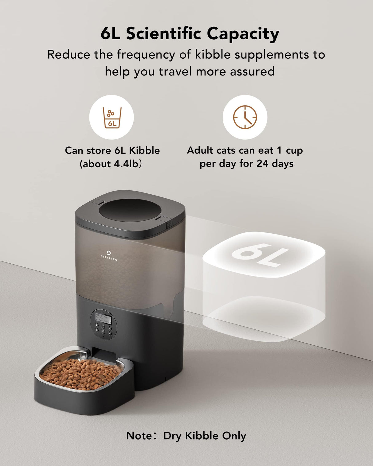 PETLIBRO Automatic Dog Feeder, 6L Dog Food Dispenser with Timer Interactive Voice Recorder, Auto Dog Feeder with Desiccant Bag 1-4 Meals Dry Food, Black Transparent