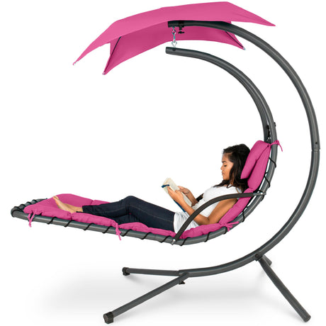 Best Choice Products Outdoor Hanging Curved Steel Chaise Lounge Chair Swing w/Built-in Pillow and Removable Canopy -Red