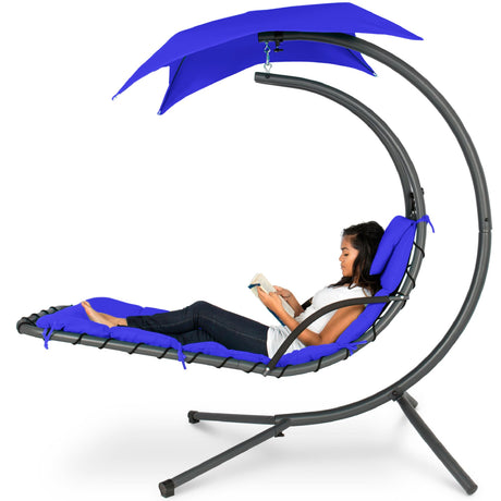 Best Choice Products Outdoor Hanging Curved Steel Chaise Lounge Chair Swing w/Built-in Pillow and Removable Canopy -Red
