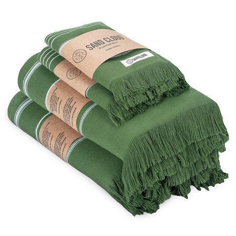 Sand Cloud Turkish Bath Towels Bundle for Bathroom, Set of 4 (Classic Green) - Large Size - 100% Certified Organic Cotton Yarn is Lightweight, Soft & Absorbent - Premium Bath Towels Dry Faster
