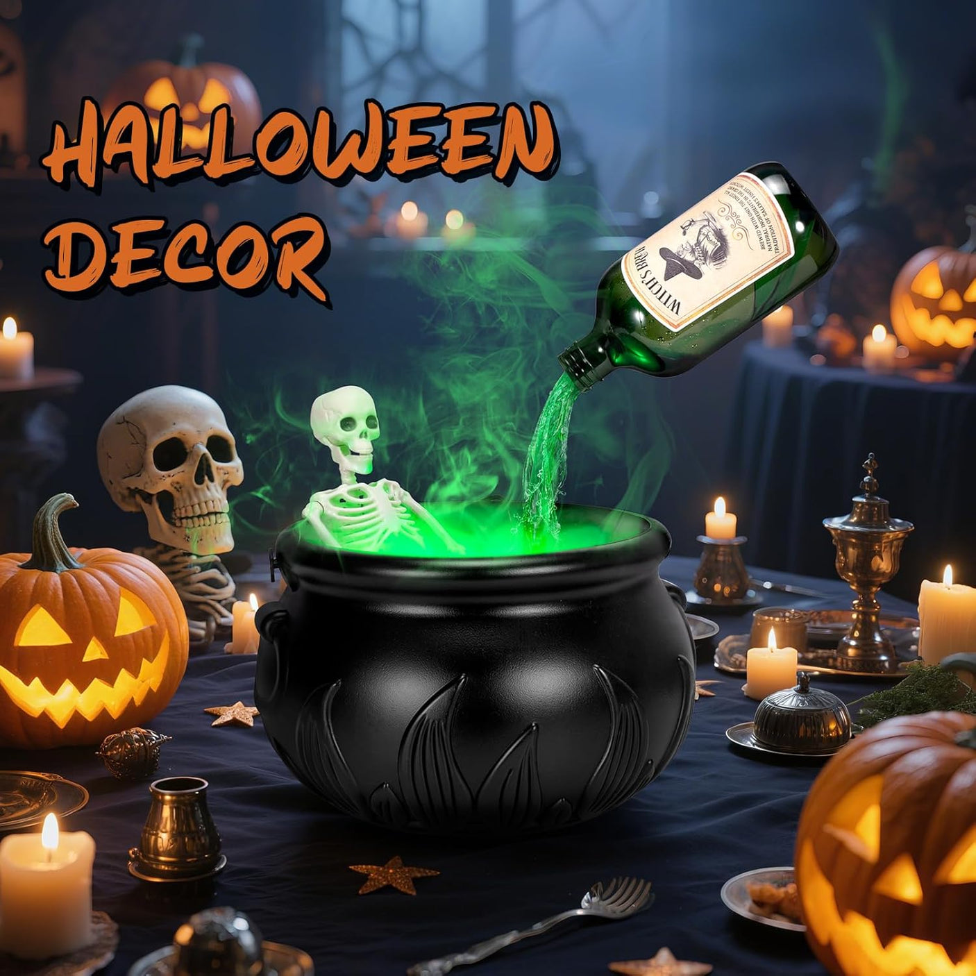 Halloween Decorations Indoor - Cauldron Decor with Skeleton, Magic Floating Potion Bottles & Fog Maker - Black Witches Cauldron Halloween Party Decoration for Home Table
