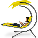 Best Choice Products Outdoor Hanging Curved Steel Chaise Lounge Chair Swing w/Built-in Pillow and Removable Canopy -Red