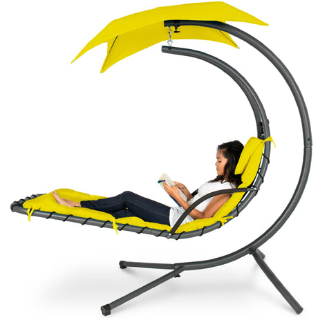 Best Choice Products Outdoor Hanging Curved Steel Chaise Lounge Chair Swing w/Built-in Pillow and Removable Canopy -Red