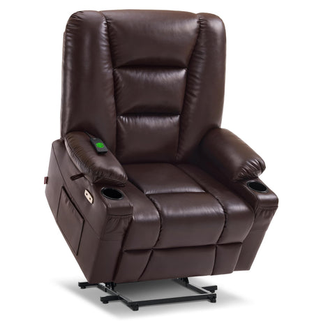 MCombo Power Lift Recliner Chair for Elderly, Lift Chair with Heat and Massage, USB Ports, Cup Holders, Faux Leather 7519 (Medium, Dark Brown)