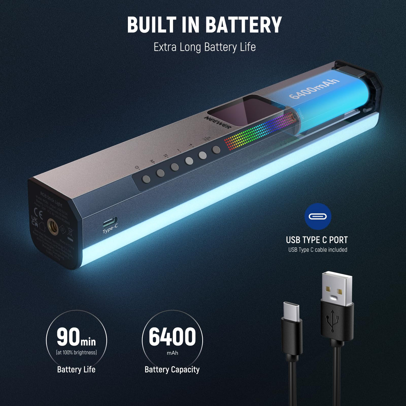 NEEWER RGB LED Video Light Stick, Touch Bar & APP Control, Magnetic Handheld Photography Lighting Wand, Dimmable 3200K~5600K CRI98+ Full Color LED Light with 6400mAh Battery, 17 Scenes, RGB1