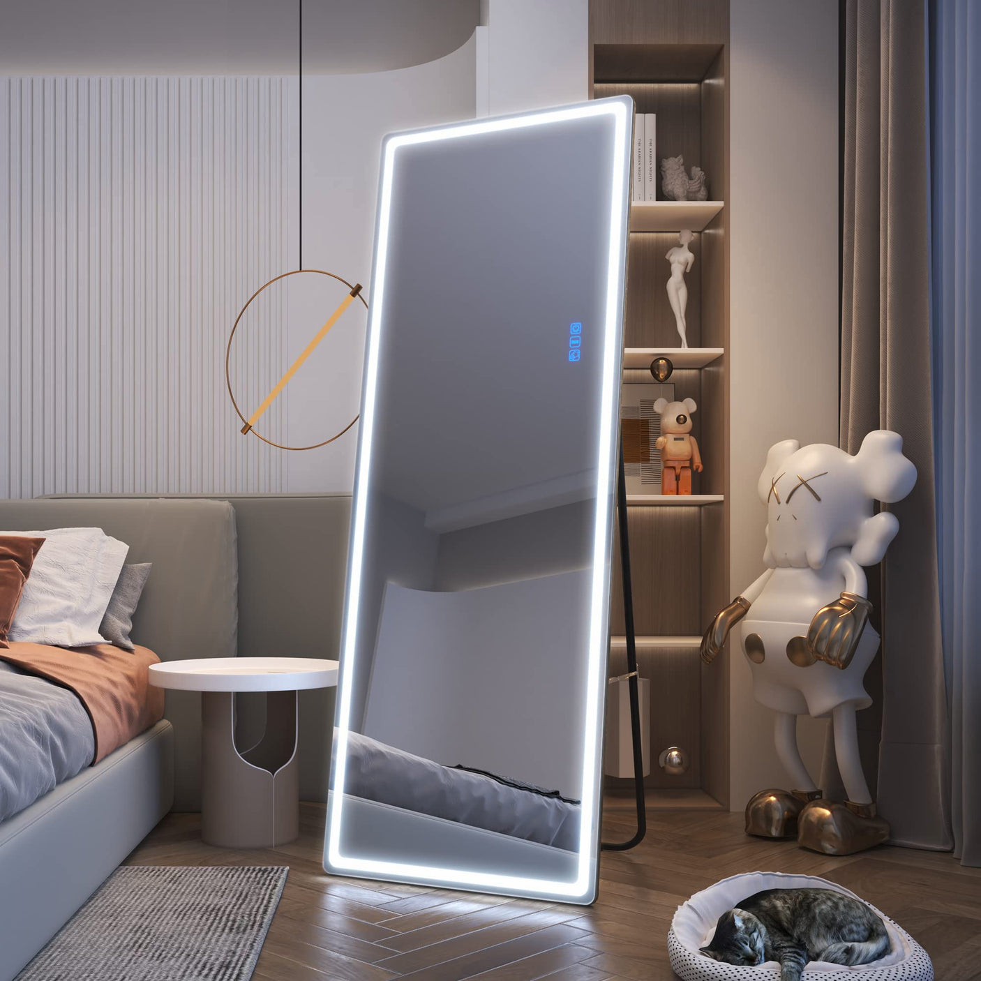 LVSOMT LED RGB Full Length Mirror, Full Body Mirror with Lights, Wall Mounted Lighted Mirror, Over The Door Hanging Mirror, 14 LED Light + Dimmable Brightness + Adjustable Speed, 47" x 16"